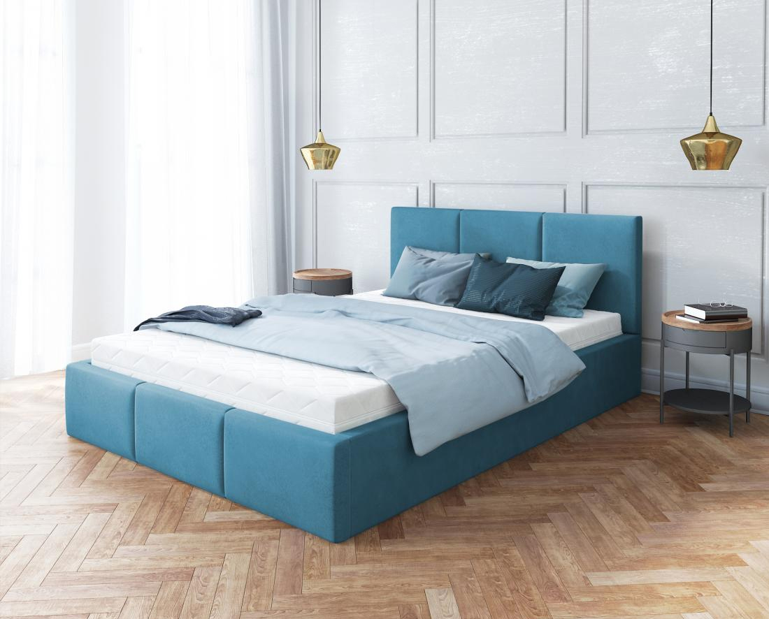 Luxusná posteľ AMBER 90x200 Tyrkysová Trinity s úložným priestorom a kovovým roštom