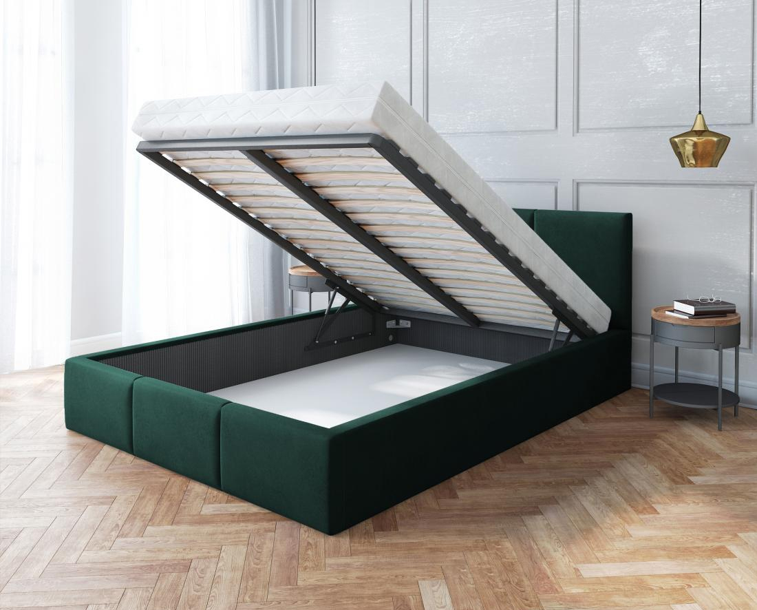 Luxusná posteľ AMBER 90x200 Zelená Trinity s úložným priestorom a kovovým roštom