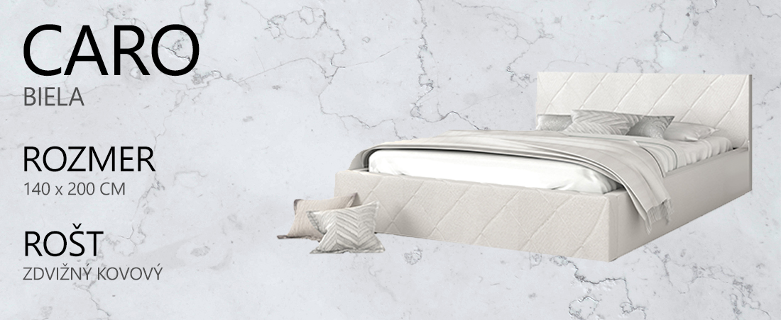 Luxusná posteľ CARO 140x200 s kovovým zdvižným roštom BIELA