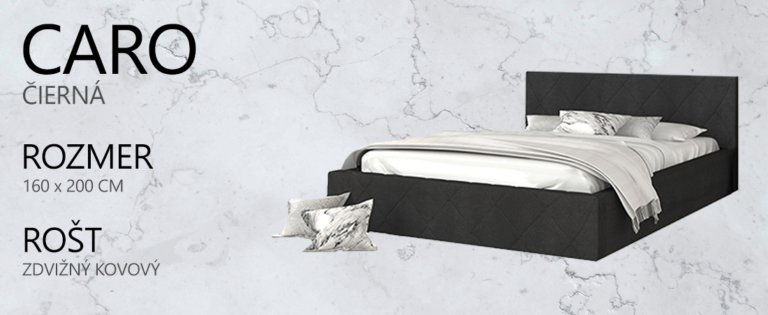 Luxusná posteľ CARO 160x200 s kovovým zdvižným roštom ČIERNA