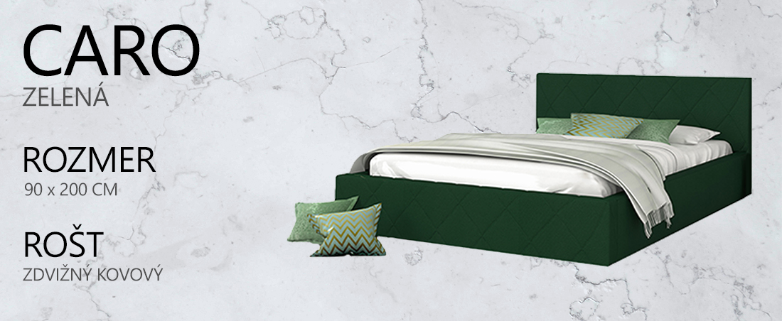Luxusná posteľ CARO 90x200 s kovovým zdvižným roštom ZELENÁ