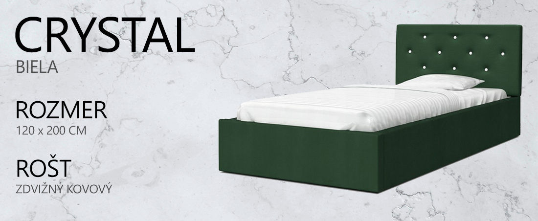 Luxusná posteľ CRYSTAL zelená 120x200 s kovovým zdvižným roštom
