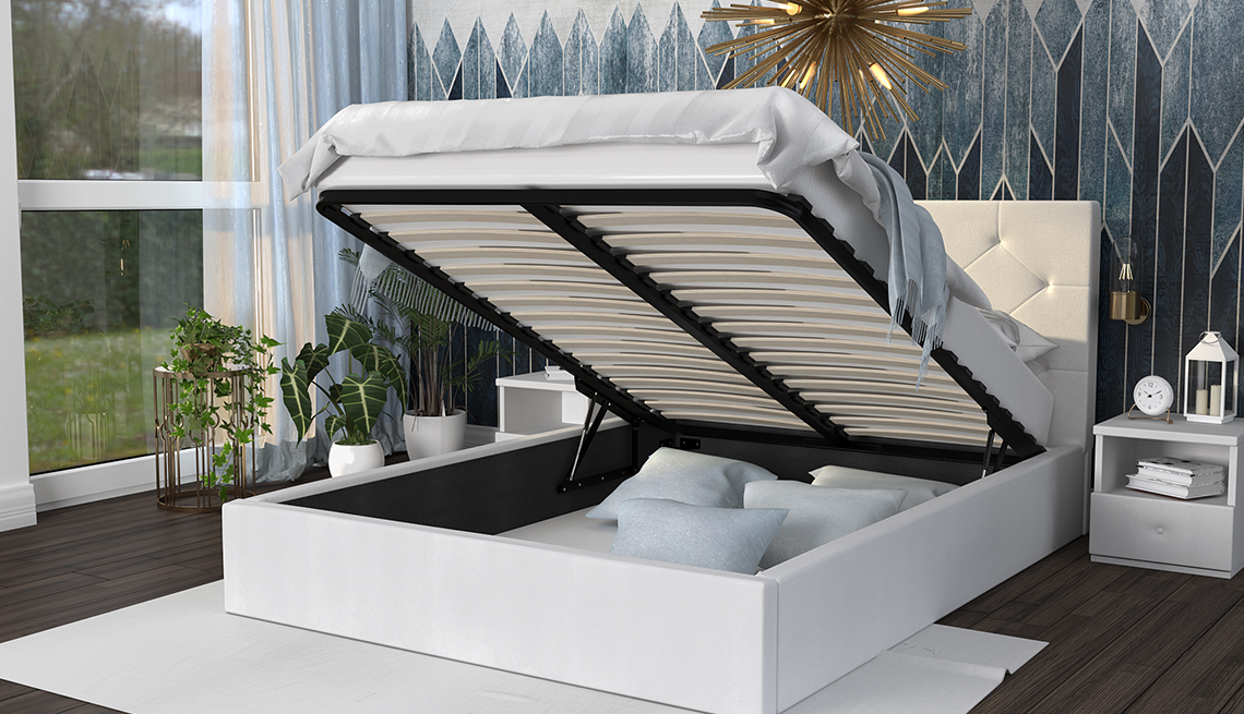 Luxusná posteľ MAOMA 140x200 s kovovým zdvižným roštom BIELA