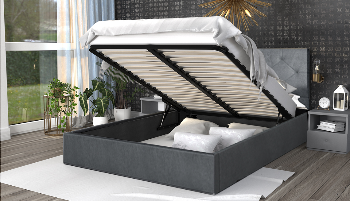 Luxusná posteľ MAOMA 140x200 s kovovým zdvižným roštom TMAVO ŠEDÁ