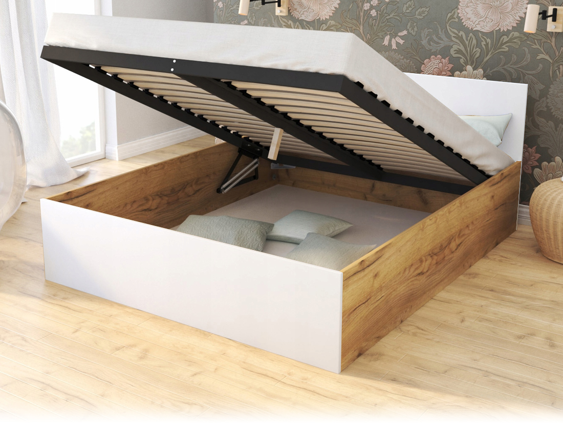 Manželská posteľ PANAMA 160x200 so zdvíhacím dreveným roštom DUB BIELA