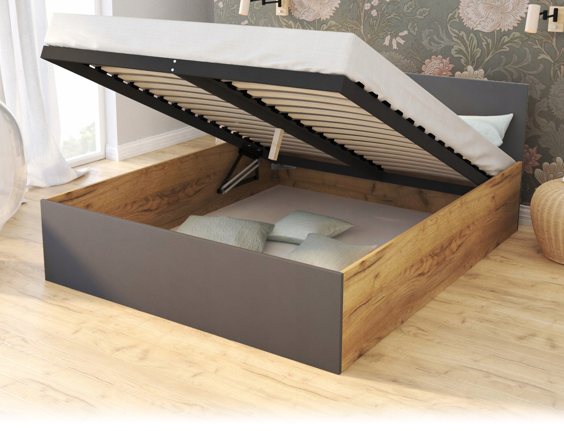 Manželská posteľ PANAMA 160x200 so zdvíhacím dreveným roštom DUB SIVÁ