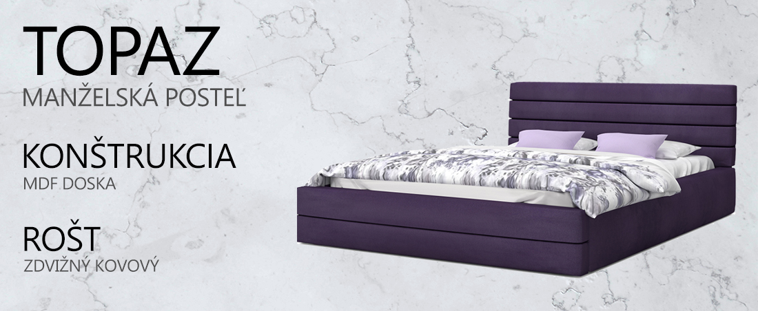Luxusná manželská posteľ TOPAZ fialová 180x200 semiš s kovovým roštom