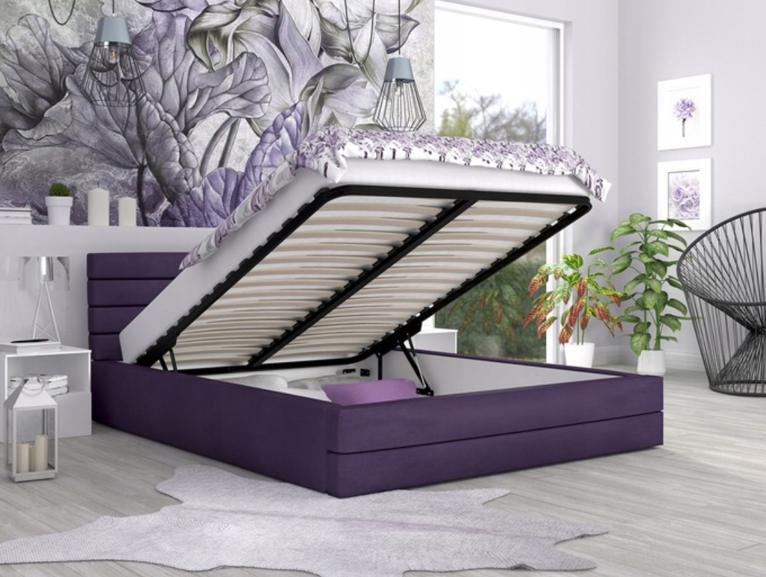 Luxusná manželská posteľ TOPAZ fialová 160x200 semiš s kovovým roštom