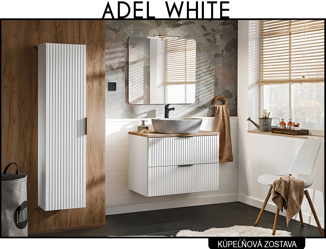 Koupelnová sestava ADEL WHITE + umyvadlo + zrcadlo + LED svítidlo, 80 cm