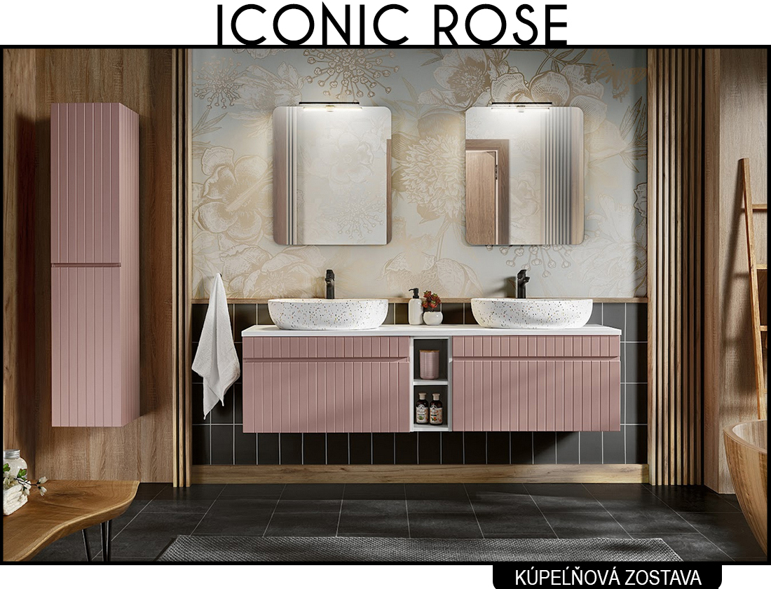 Koupelnová sestava ICONIC ROSE + 2x umyvadlo + zrcadlo, 180 cm