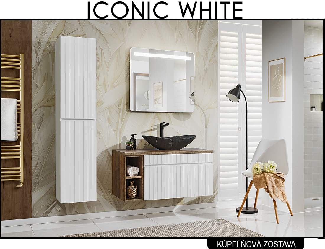 Koupelnová sestava ICONIC WHITE + umyvadlo + zrcadlo, 100 cm