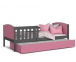 Detská posteľ TAMI P2 90x200 cm so šedou konštrukciou v ružovej farbe s prístelkou