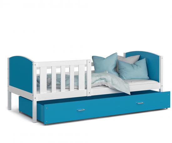 Detská posteľ TAMI P 90x200 cm s bielou konštrukciou v modrej farbe so šuplíkom