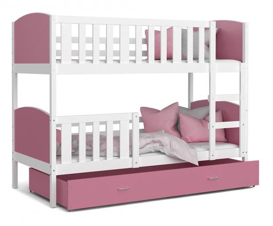 Detská poschodová posteľ TAMI 90x200 cm s bielou konštrukciou v ružovej farbe