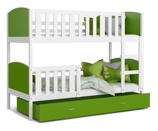 Detská poschodová posteľ TAMI 90x200 cm s bielou konštrukciou v zelenej farbe