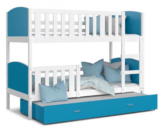 Detská poschodová posteľ TAMI 3 90x200 cm s bielou konštrukciou v modrej farbe s prístelkou