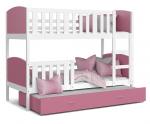 Detská poschodová posteľ TAMI 3 90x200 cm s bielou konštrukciou v ružovej farbe s prístelkou