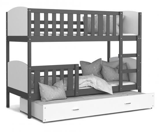 Detská poschodová posteľ TAMI 3 90x200 cm so šedou konštrukciou v bielej farbe s prístelkou