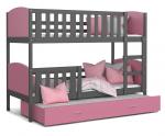 Detská poschodová posteľ TAMI 3 90x200 cm so šedou konštrukciou v ružovej farbe s prístelkou