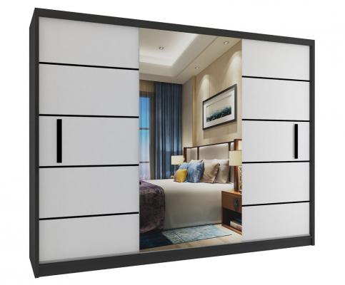 Šatníková skriňa so zrkadlom FREMONT 240x218 cm ČIERNA/BIELA