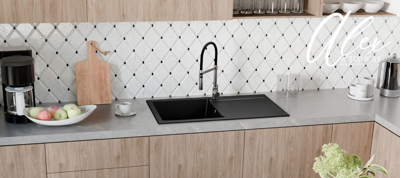 Granitový drez ALEX ČIERNA + batéria DECO čierna + čierny sifón