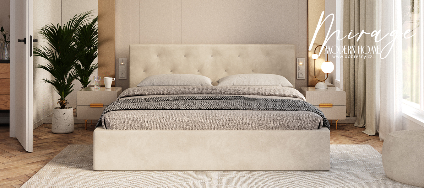 Čalúnená posteľ MIRAGE 140x200 Krémová Trinity s úložným priestorom kovový rošt