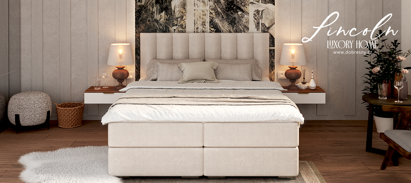 Čalúnená posteľ LINCOLN 180x200 so zdvižným roštom TRINITY krémová