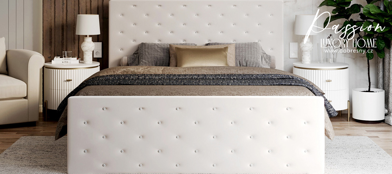 Čalúnená posteľ PASSION 160x200 Biela Trinity s úložným priestorom kovový rošt