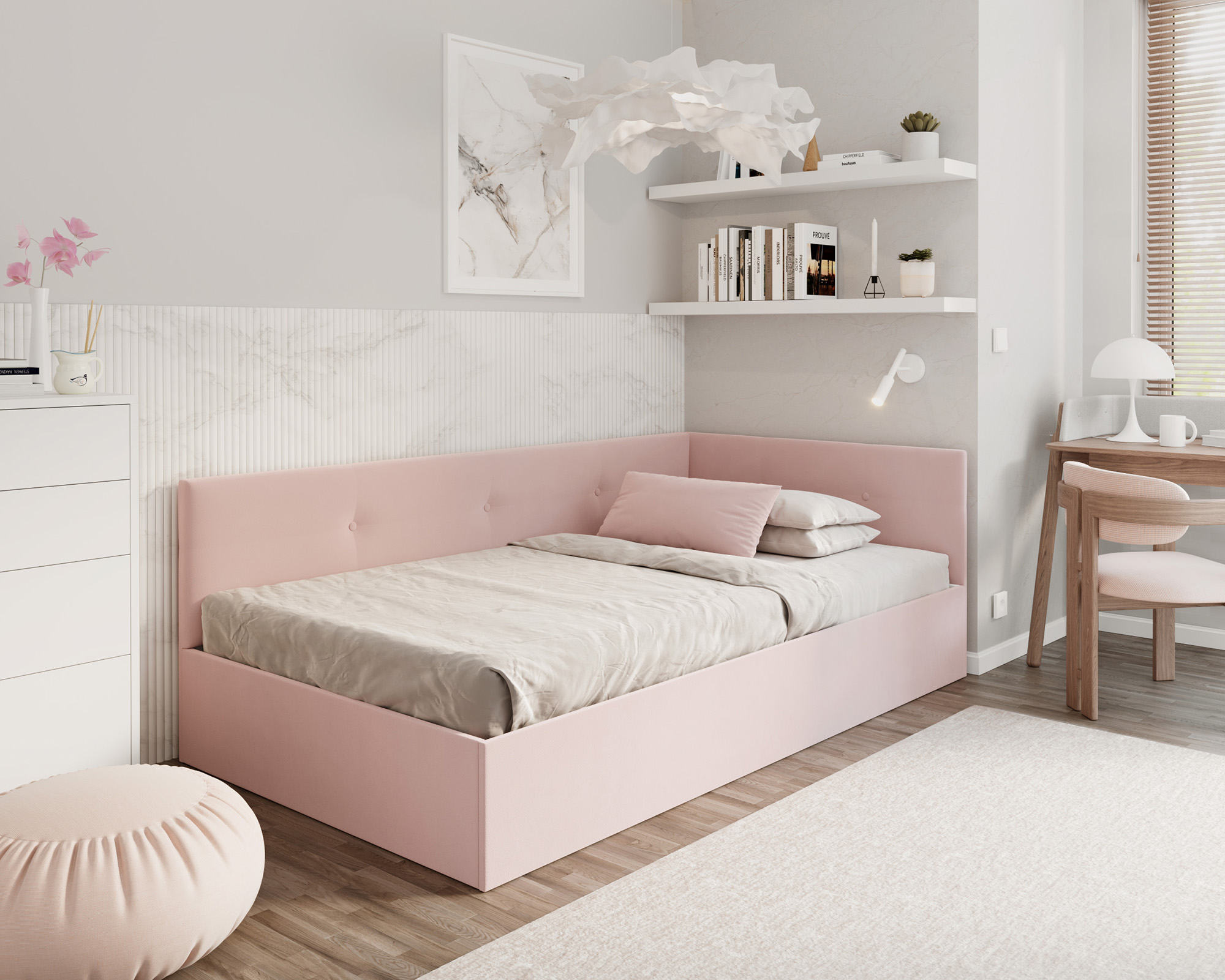 Posteľ EDDY 2 pre deti a mládež púdrová ružová TRINITY 140x200 kovový zdvižný rošt