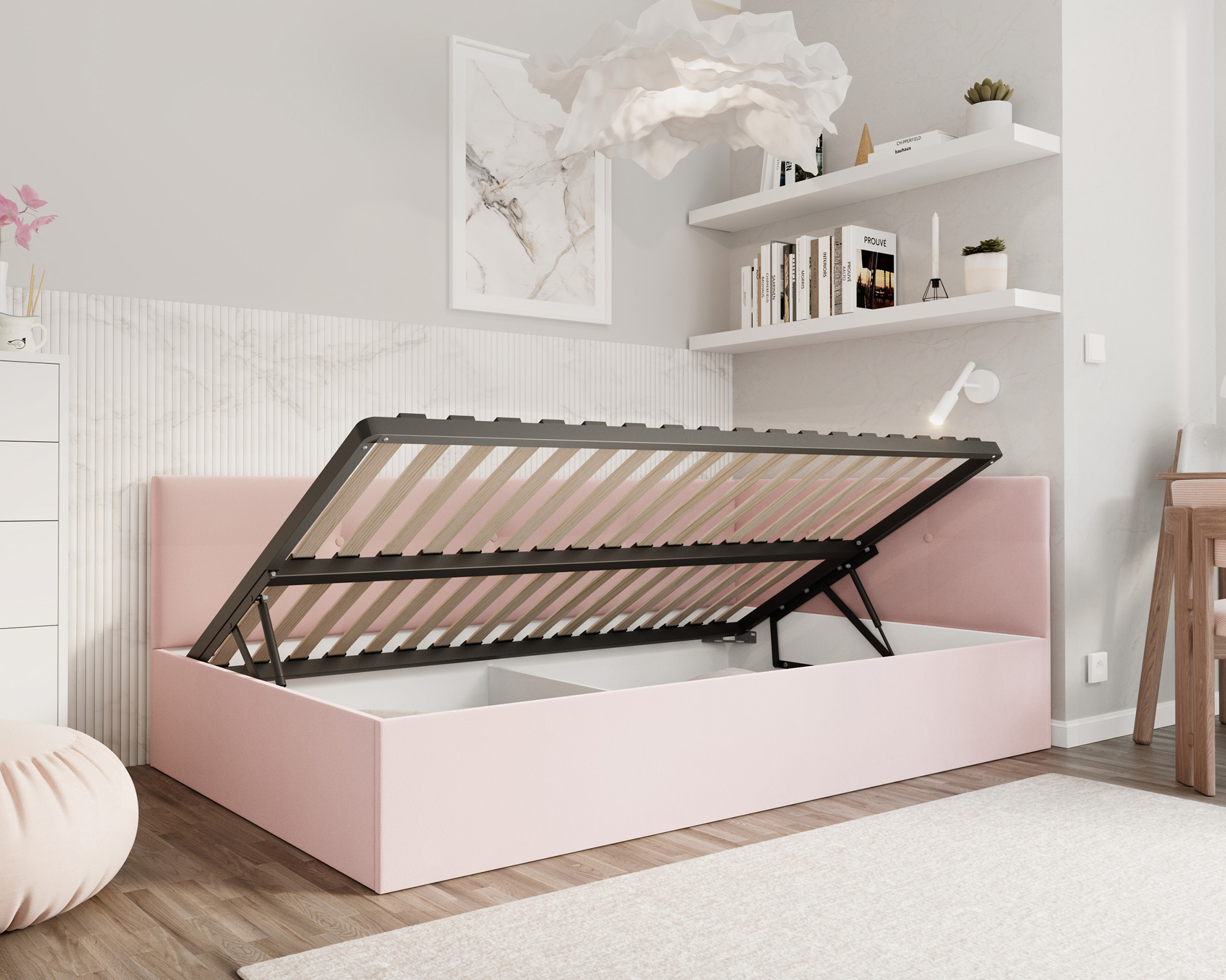 Posteľ EDDY 2 pre deti a mládež púdrová ružová TRINITY 140x200 kovový zdvižný rošt